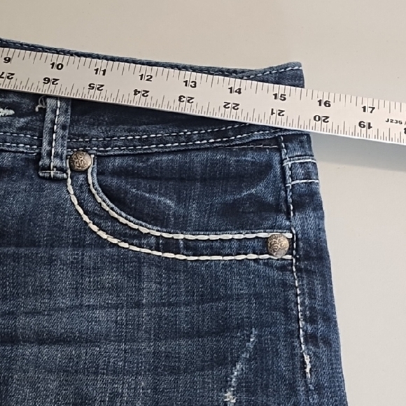 Dark Blue Jean Shorts with Frayed Cudded Hem and Decorative Stitching - Picture 7 of 15